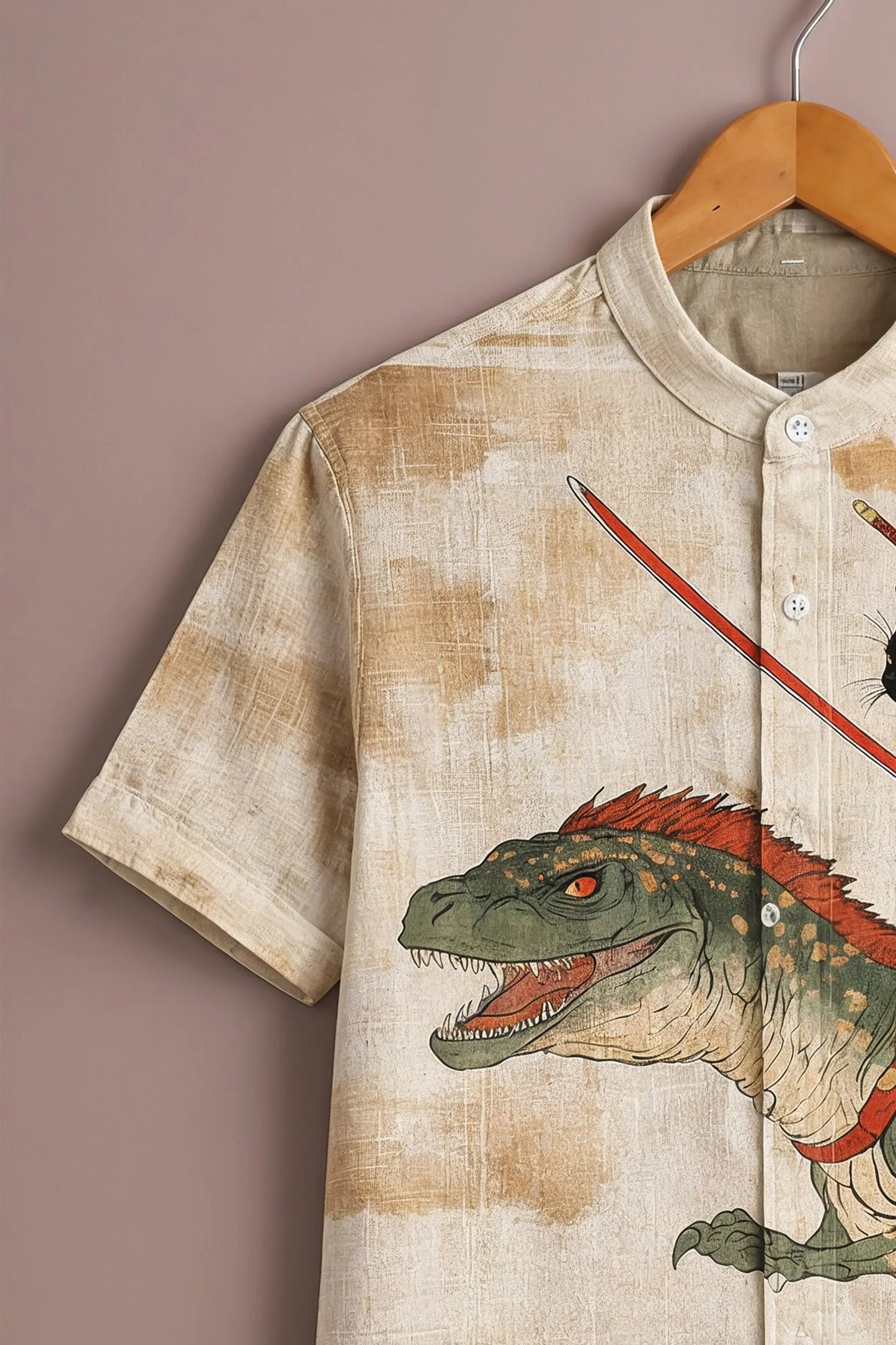 Teeshift Men's Premium Samurai Cat & Dinosaur Graphic Printed Half Sleeve Casual Cotton Shirt