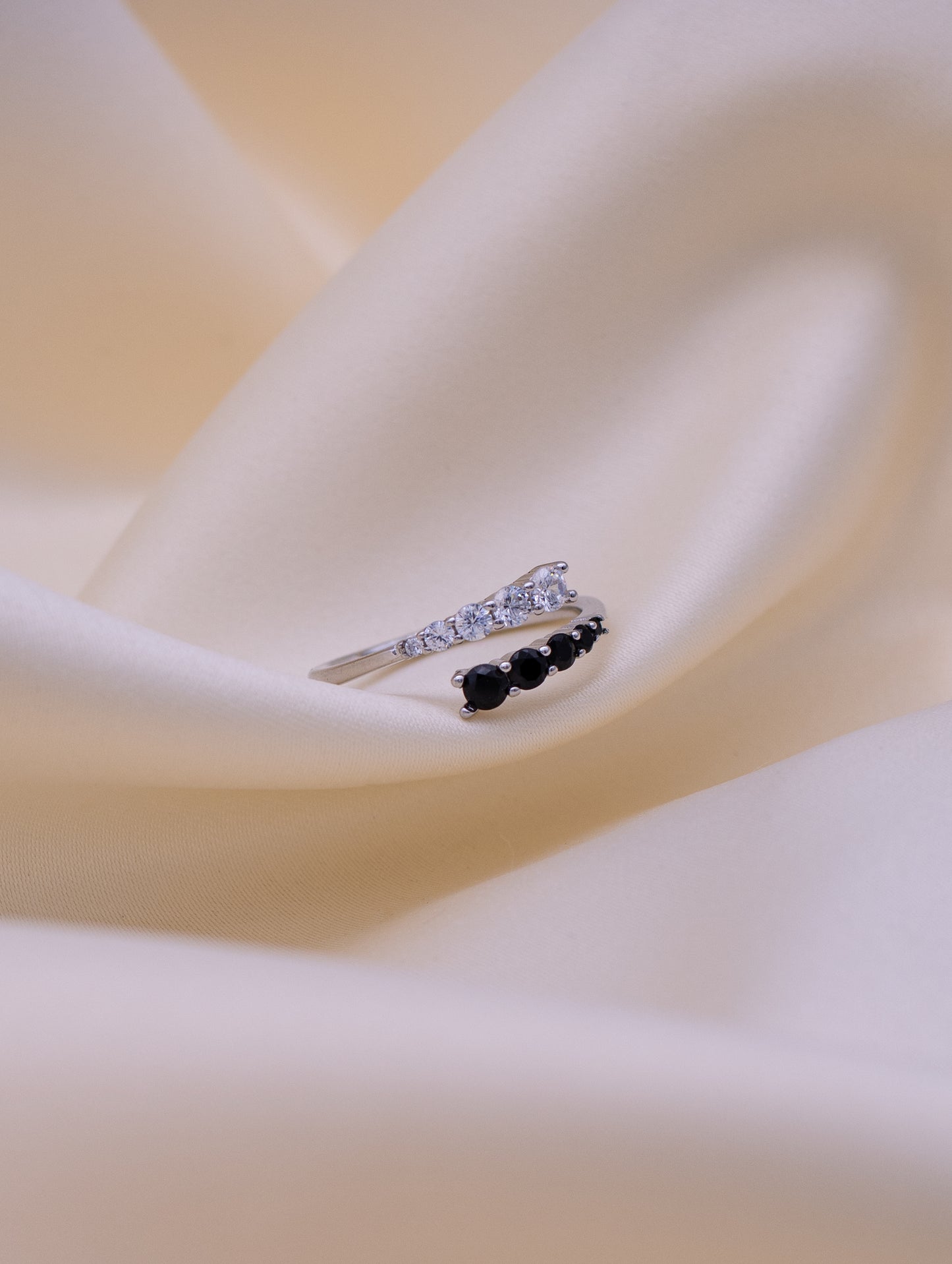 Siyajewelly Black & White Crystal Open Ring – Elegant Silver Tone Adjustable Statement Ring for Women