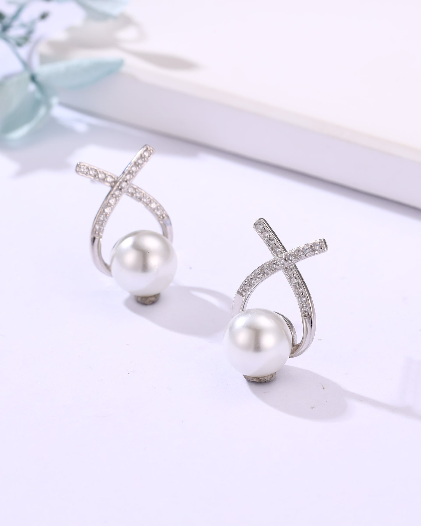 Siyajewelly Elegant Pearl & Crystal Twist Drop Earrings – Silver Tone Statement Earrings for Women