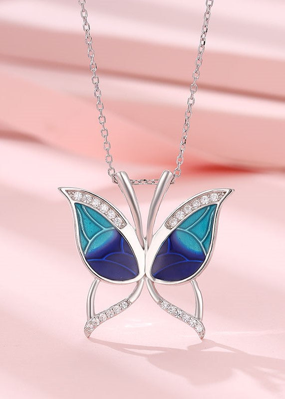 Siyajewelly Blue Butterfly Crystal Pendant Necklace – Silver Tone Elegant Necklace for Women