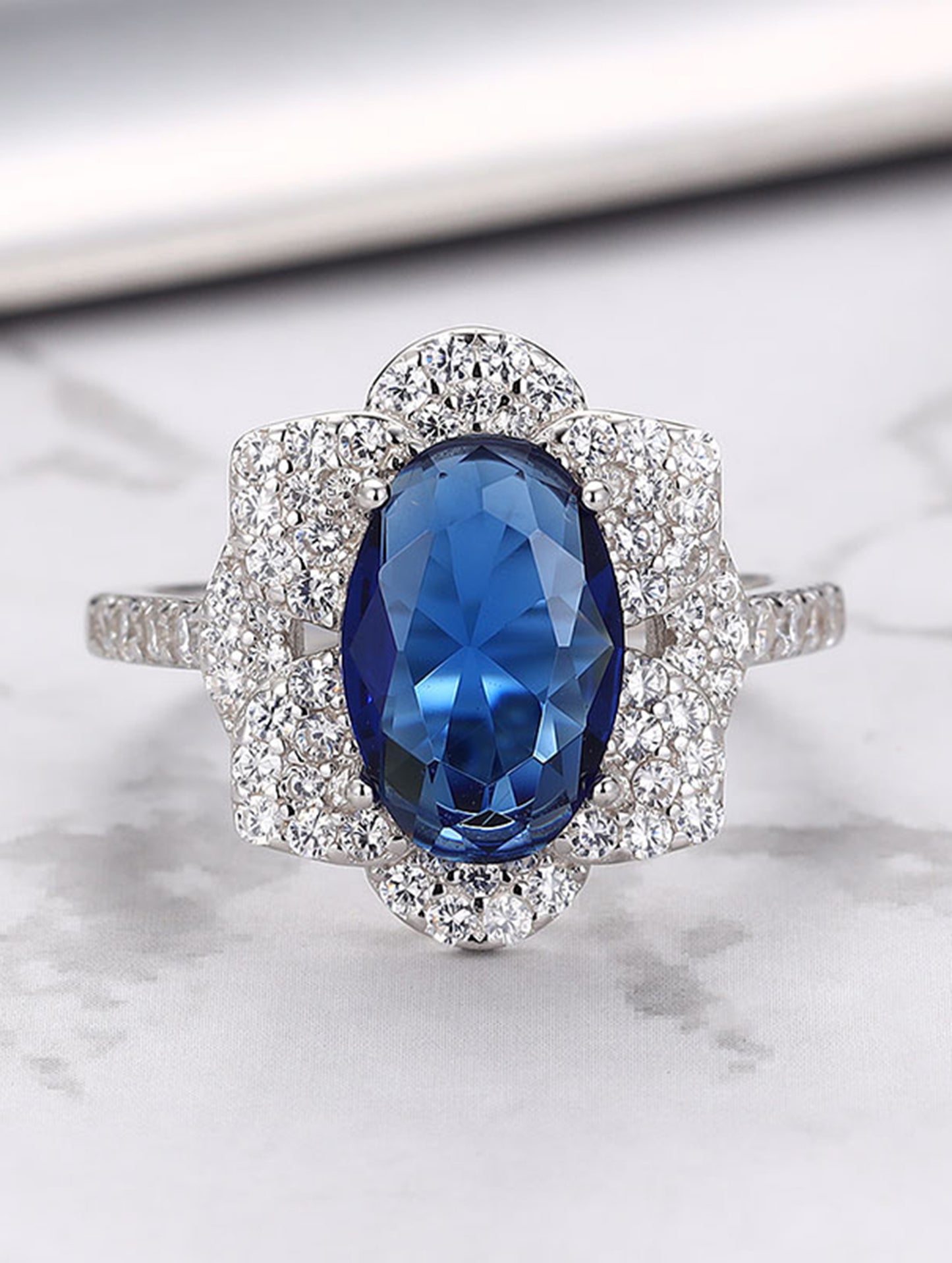 Siyajewelly Royal Blue Oval Crystal Halo Statement Ring – Silver Tone Sparkling Ring for Women
