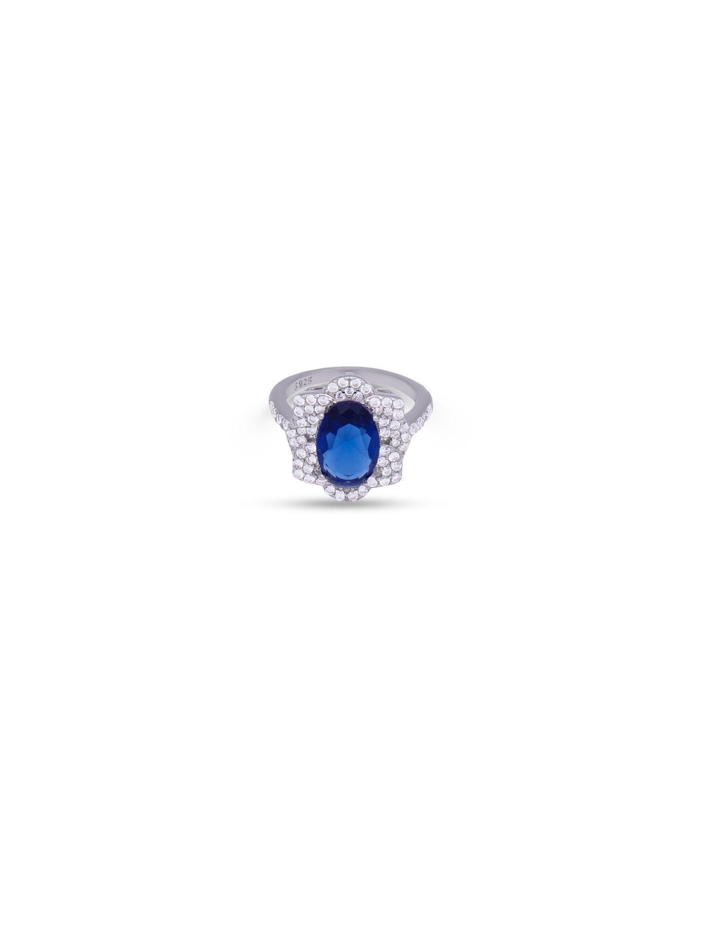 Siyajewelly Royal Blue Oval Crystal Halo Statement Ring – Silver Tone Sparkling Ring for Women