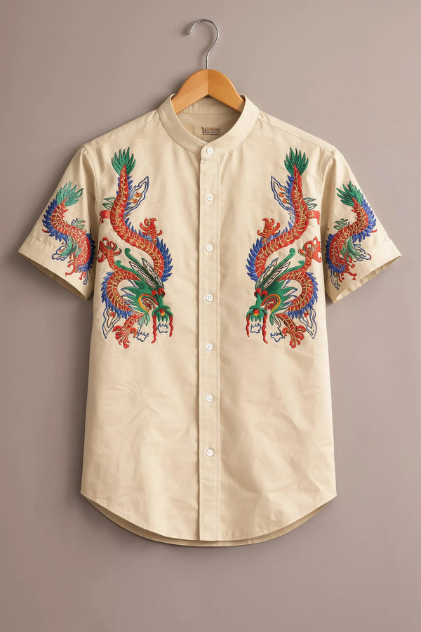 Teeshift Men's Premium Embroidered Dragon Half Sleeve Mandarin Collar Casual Cotton Shirt