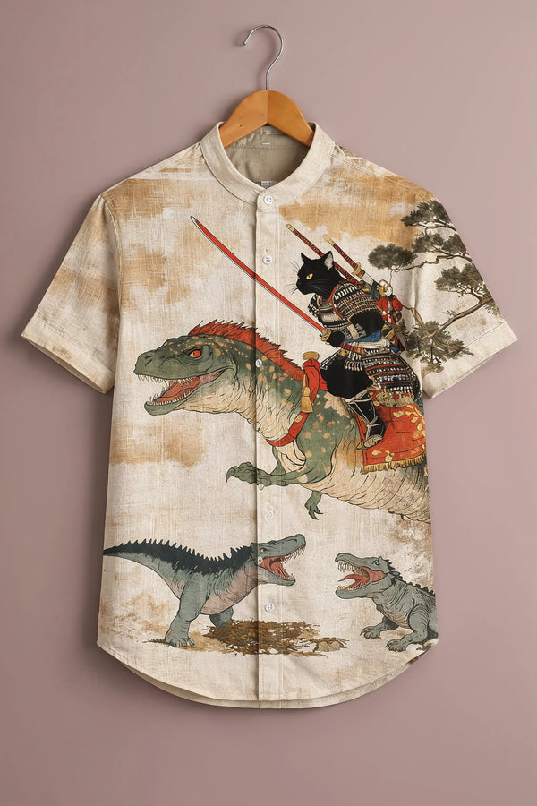 Teeshift Men's Premium Samurai Cat & Dinosaur Graphic Printed Half Sleeve Casual Cotton Shirt