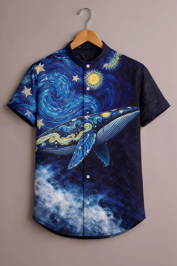 Teeshift Men's Premium Galaxy Whale Graphic Printed Half Sleeve Mandarin Collar Casual Cotton Shirt