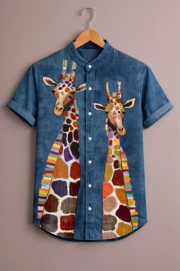 Teeshift Men's Premium Artistic Giraffe Graphic Printed Half Sleeve Mandarin Collar Casual Cotton Shirt