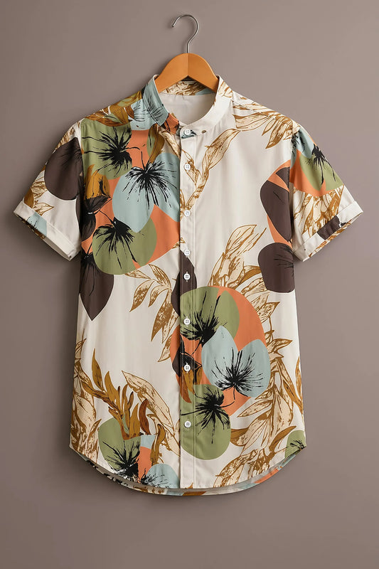 Teeshift Men's Premium Abstract Botanical Printed Half Sleeve Casual Cotton Shirt