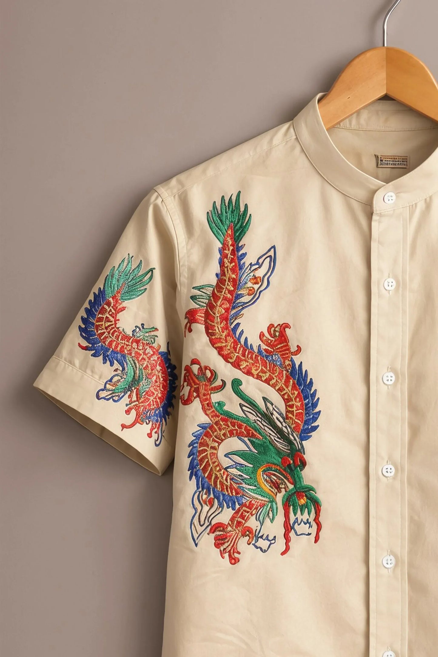 Teeshift Men's Premium Embroidered Dragon Half Sleeve Mandarin Collar Casual Cotton Shirt