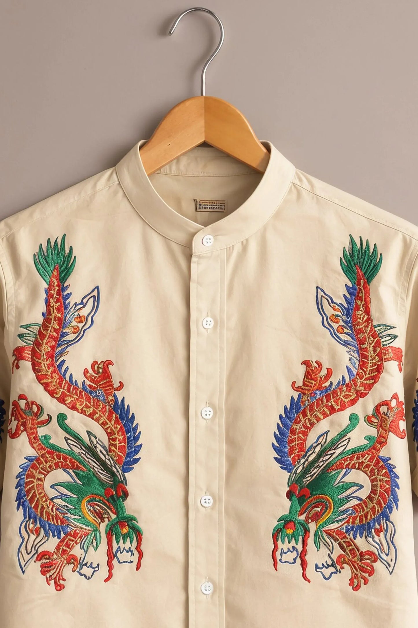 Teeshift Men's Premium Embroidered Dragon Half Sleeve Mandarin Collar Casual Cotton Shirt