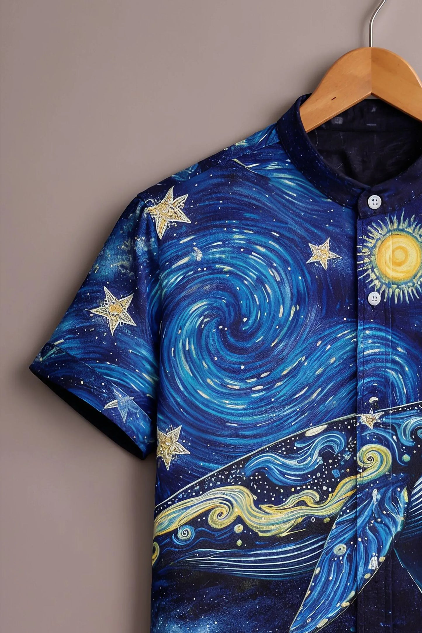Teeshift Men's Premium Galaxy Whale Graphic Printed Half Sleeve Mandarin Collar Casual Cotton Shirt