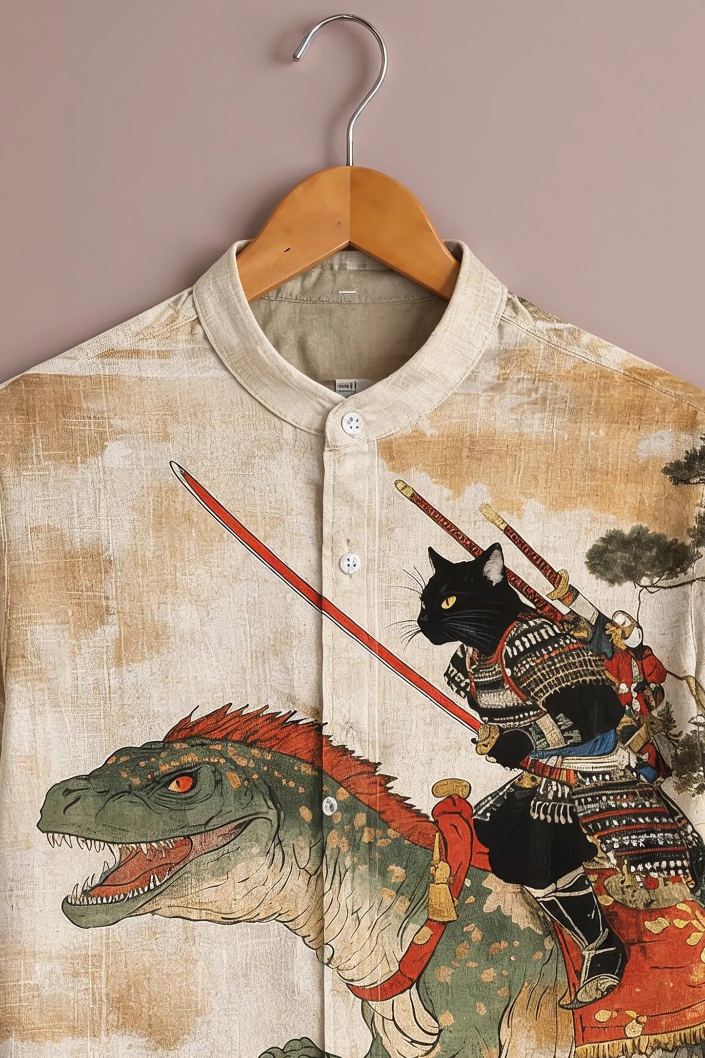 Teeshift Men's Premium Samurai Cat & Dinosaur Graphic Printed Half Sleeve Casual Cotton Shirt