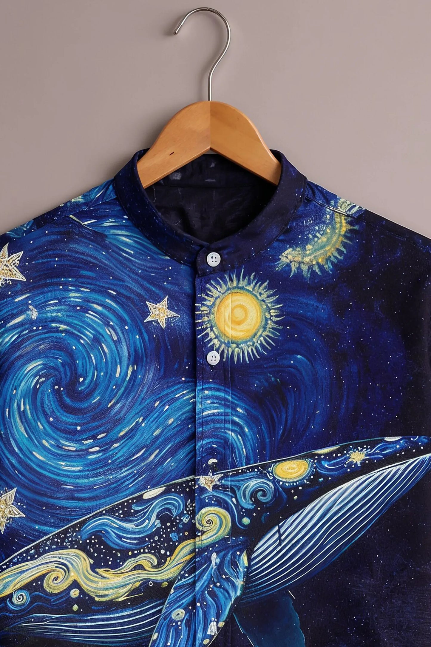 Teeshift Men's Premium Galaxy Whale Graphic Printed Half Sleeve Mandarin Collar Casual Cotton Shirt