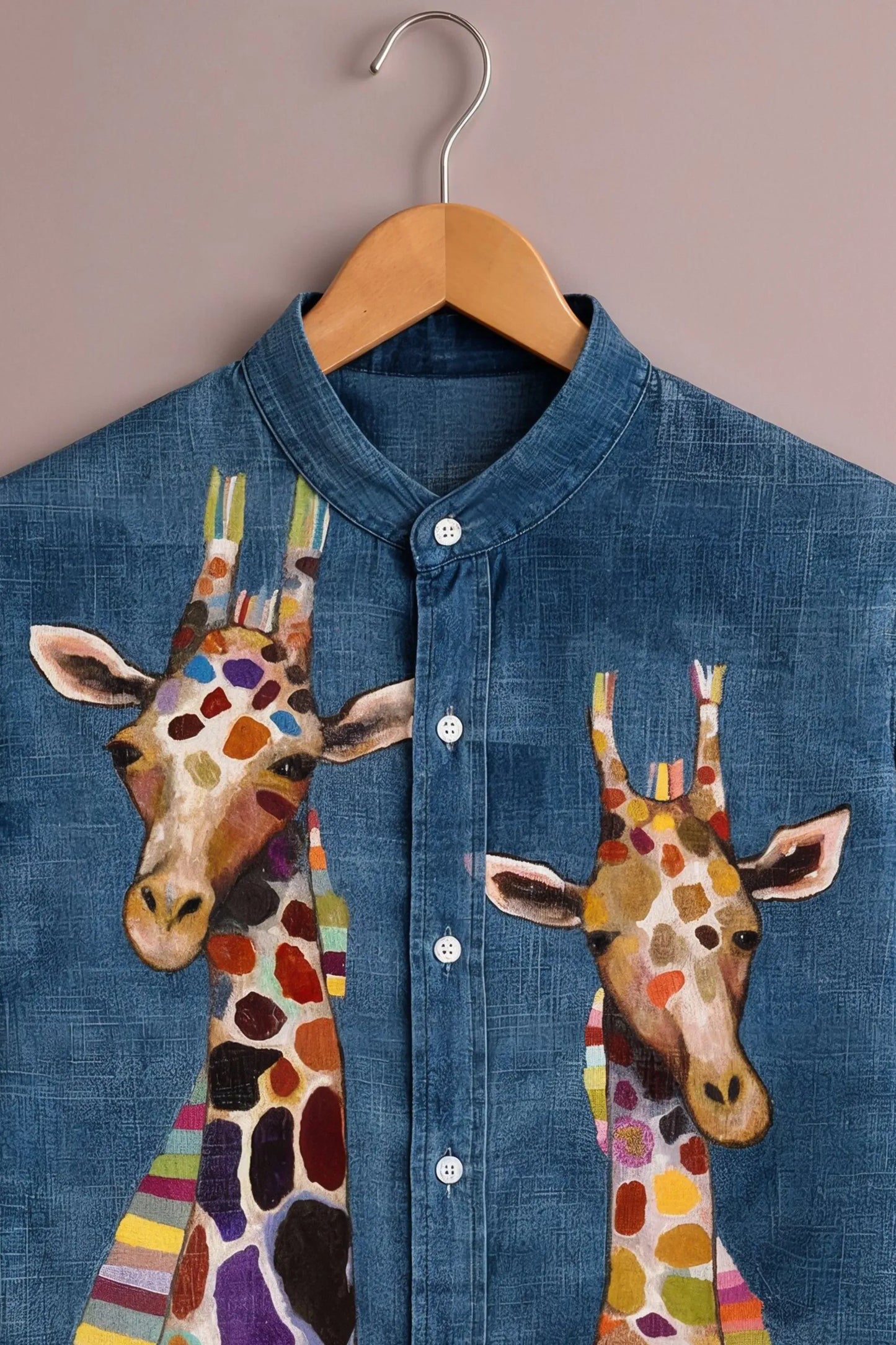 Teeshift Men's Premium Artistic Giraffe Graphic Printed Half Sleeve Mandarin Collar Casual Cotton Shirt